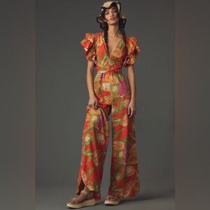 Farm Rio x Anthropologie Ruffle-Sleeve Deep-V Jumpsuit